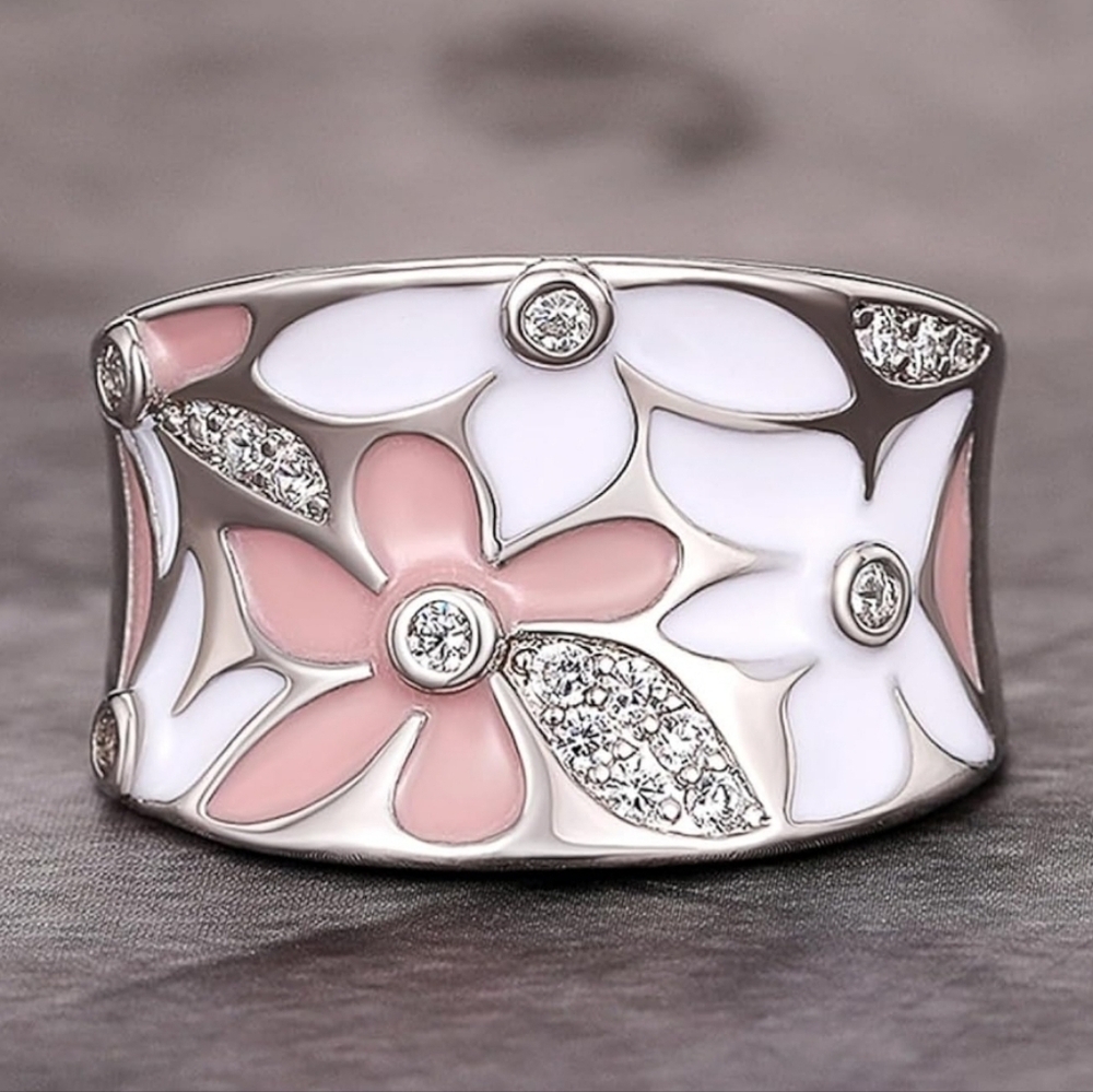 NEW Enamel Flower Ring | Cubic Zirconia - Pink Or White | Size 7 or 8 - Picture 7 of 11
